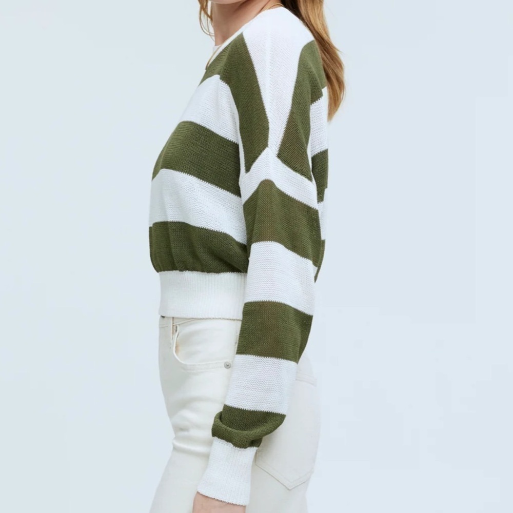Madewell Loose Knit Crewneck Sweater White Green Stripe Medium - Picture 3 of 10